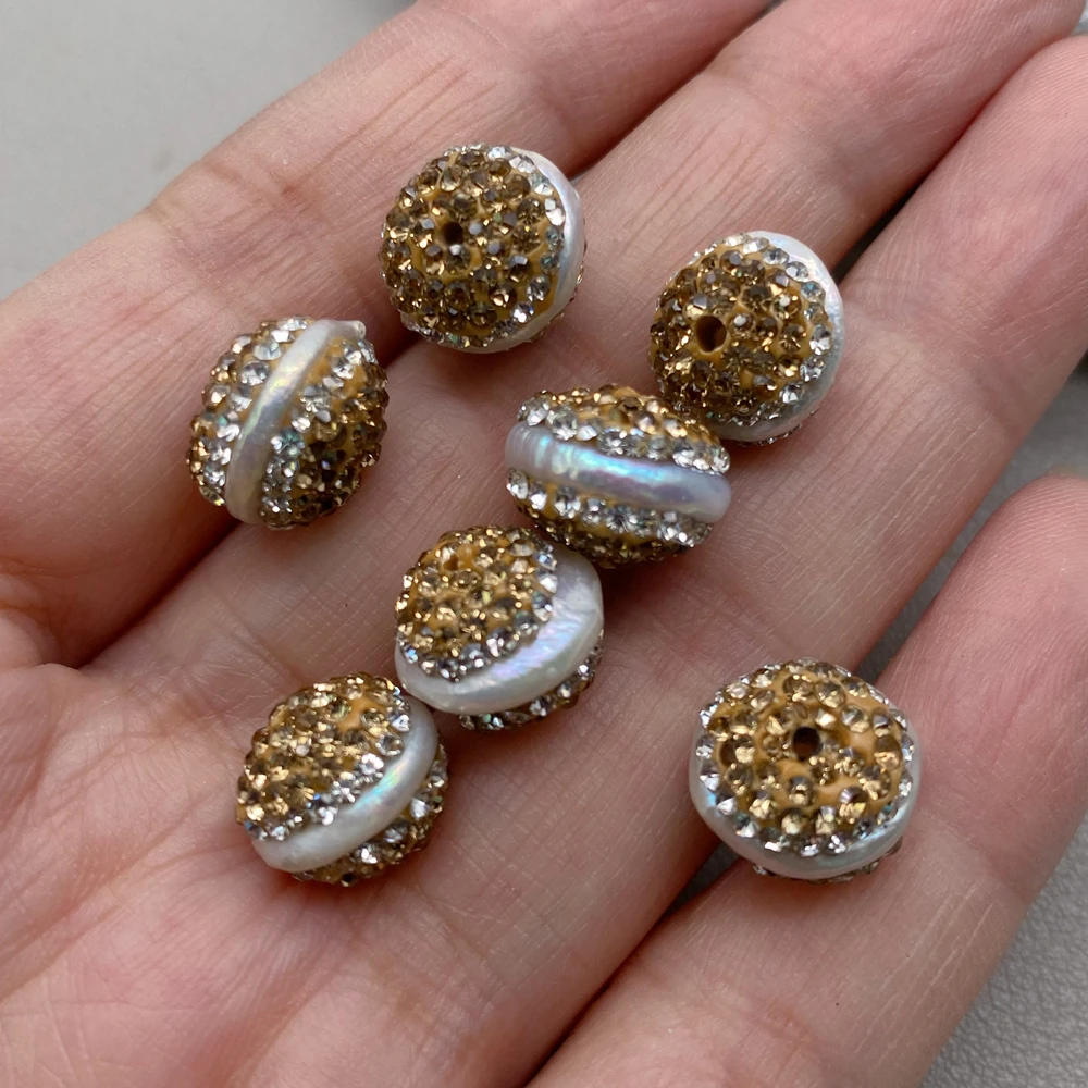 10 PCS Freshwater Cultured White Rondelle Pearl Trimmed With Rhinestone Beads Spacer Jewelry Finding Accessories
