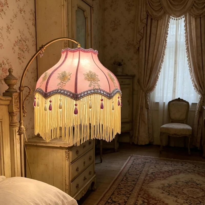 Decorative Pink Replacement Lamp Shade with Long Fringe, Flower Appliqués and Beaded Accents for Wall or Tabletop Lighting Y5GB