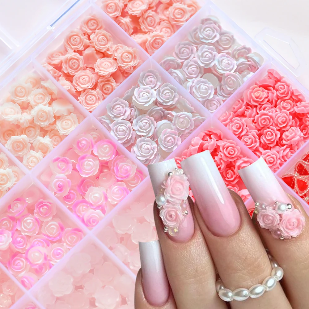 

24 Grids 3D Sweet Rose Nail Charms Pink Resin Heart & Bow Design Nail Art Decorations Mixed Camellia Rhinestone Nails Ornaments