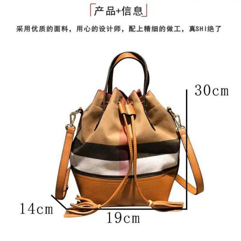 Fashionable Plaid Women Bag Luxury Canvas Barrel Bucket One Shoulder Crossbody Bag Female Designer Purses And Handbag Pouch 2024