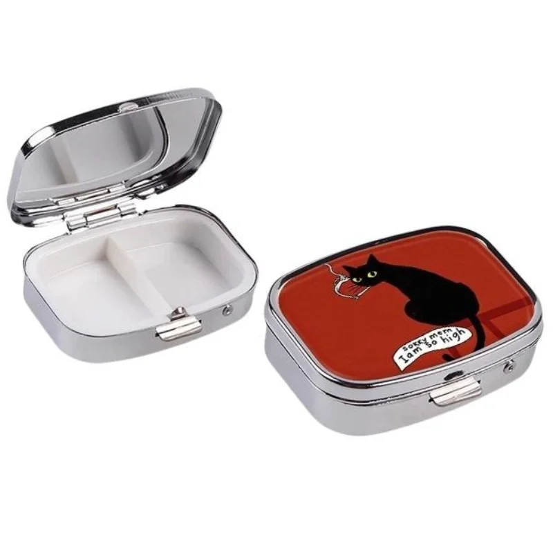 Funny Black Cat Portable Pill Box 2 Grid Metal Mini Medicine Case Pill Organizer Small Travel Medicine Box For Pocket & Purse
