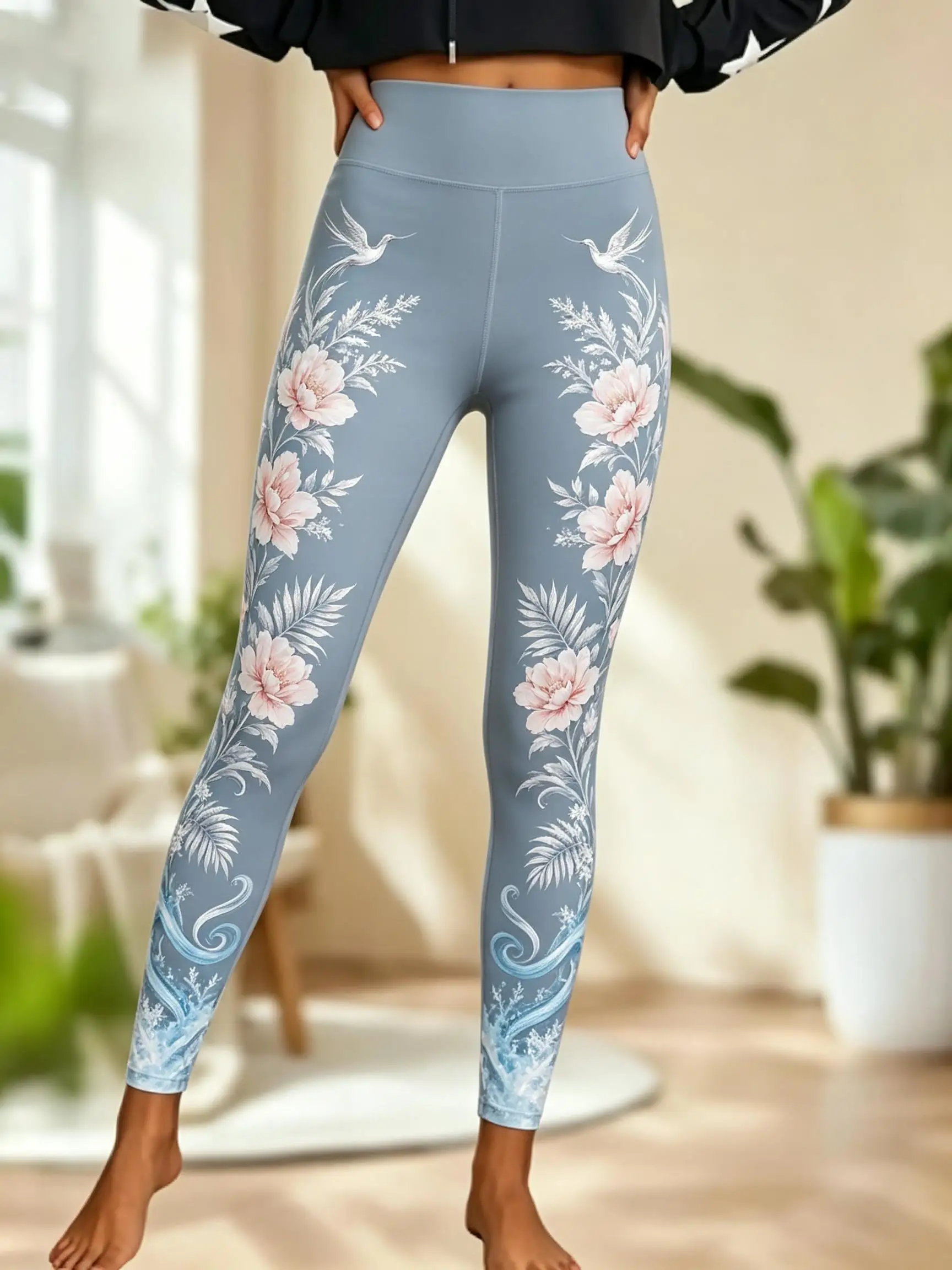 Women Fleece‑lined Mid‑rise Leggings Peony Floral Hummingbird Wave Scroll Side‑leg Print Slim Stretch Winter Casual Pants