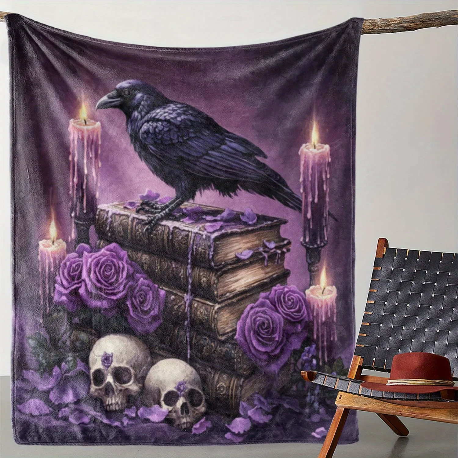 Gothic Raven Skull Flannel Blanket, Purple Rose Print Soft Throw for Sofa Bed Camping, Vintage Style Home Decor Gift