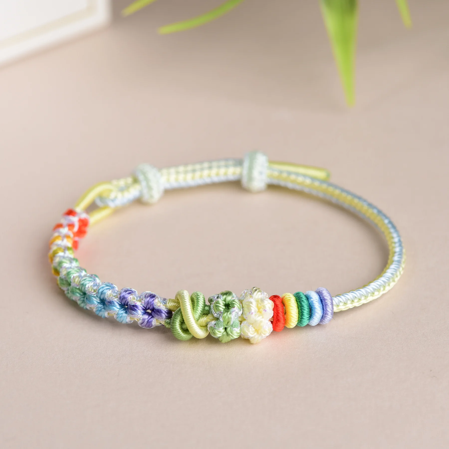 Chinese Style Handmade Braided Wenchang Knot Bracelet Lucky Peace Blessing Fortune Good Luck Adjustable Colorful Rainbow Rope