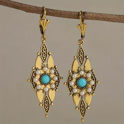 Ethnic Blue Stone Imitation Pearl Earrings Vintage Design Gold Color Metal Geometry Carving Pattern Dangle Earrings for Women