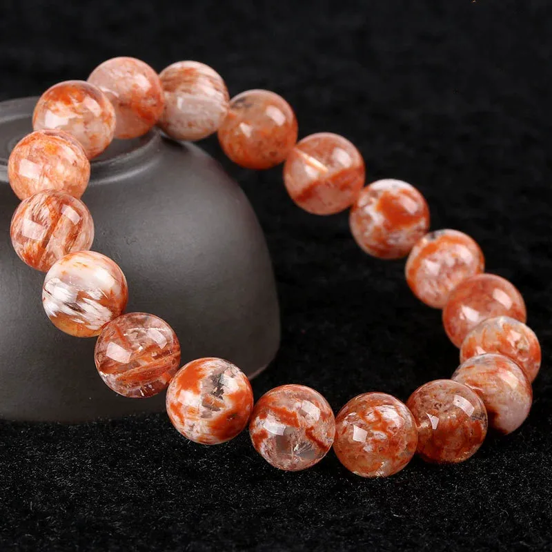 Natural Orange White Sericite Snow Phantom Quartz Bracelet Crystal Clear Round Beads Bracelet 9mm 10mm AAAAA