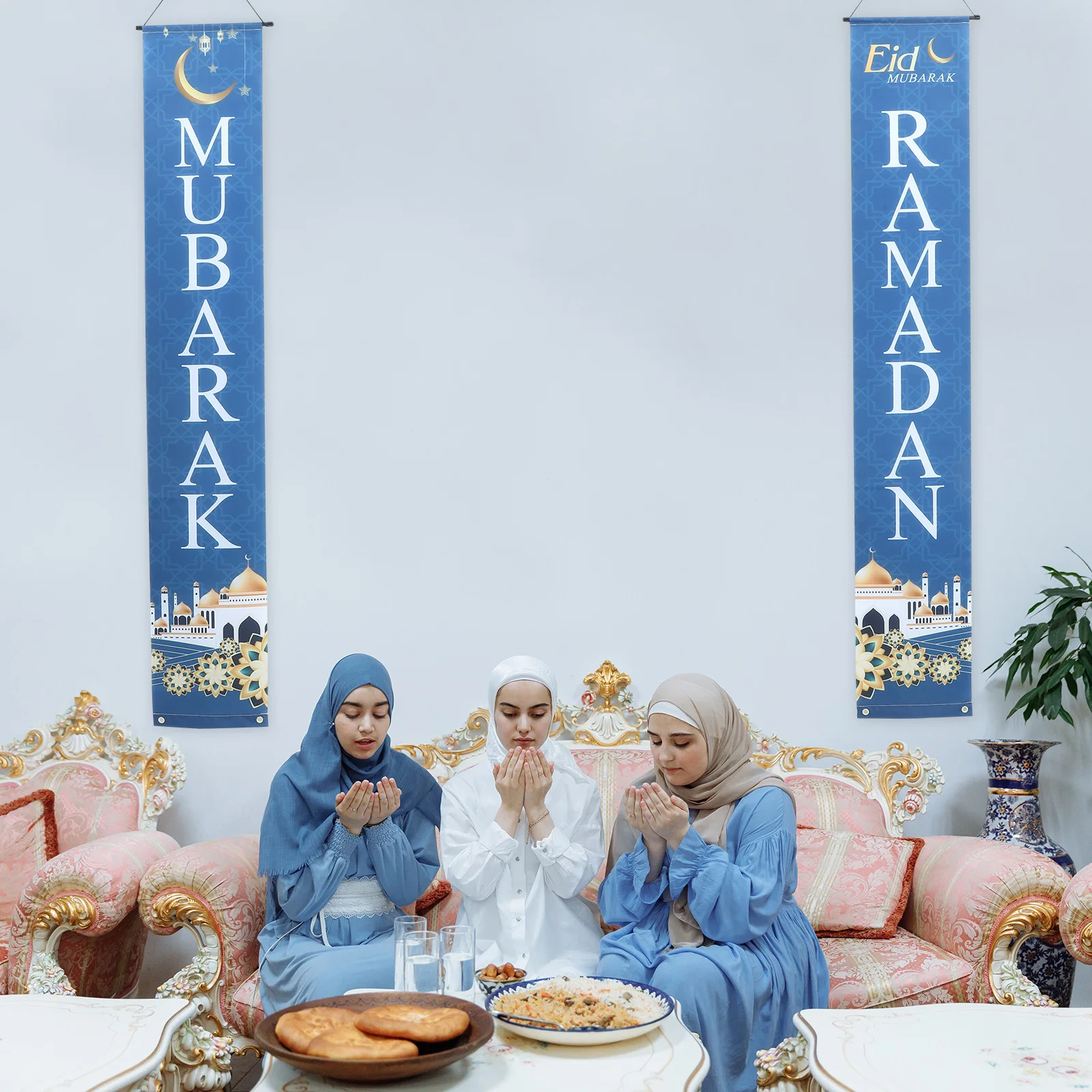 

1 Pair Ramadan Eid Mubarak Porch Door Banner Flag Polyester Decorative Couplet Outdoor Party Supplies Sign Islamic