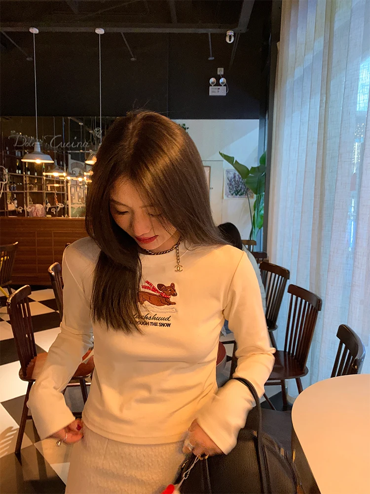 Long Sve Women's Base irt 2024 New Autumn Winter Slim Fit Embroidered Small Size T-irt Inner Wear Commute Sle round ...