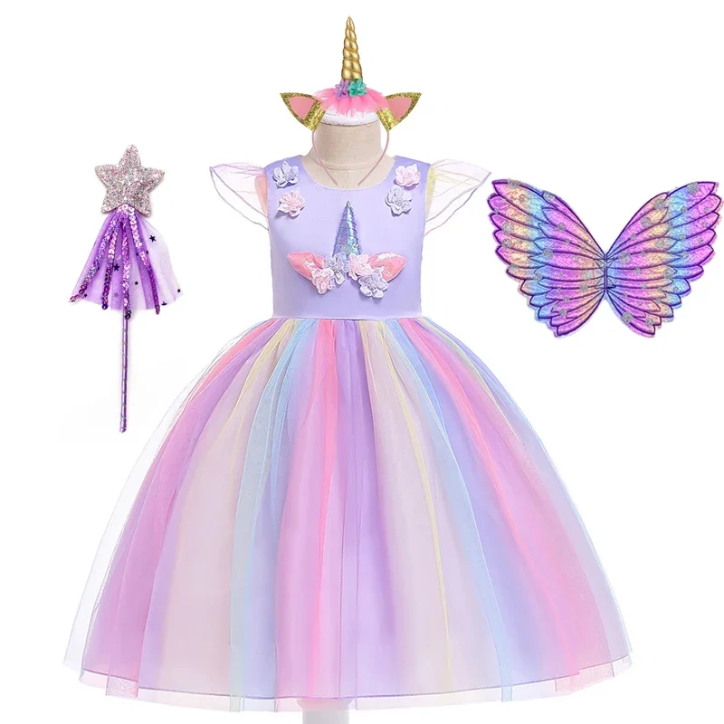 Vestido de unicornio con alas para niña, disfraz de princesa para fiesta de cumpleaños, Halloween, Navidad, ropa de verano, 2024