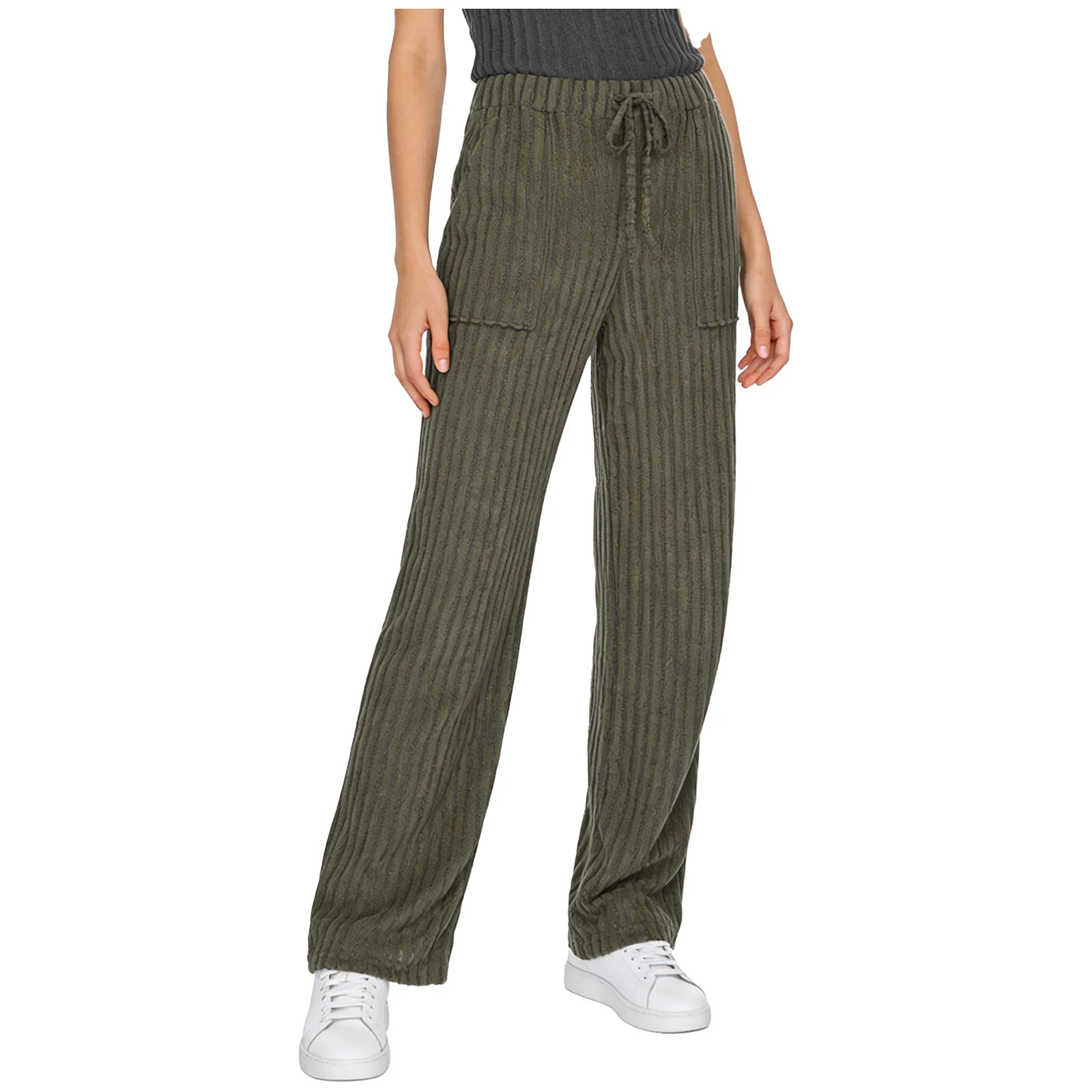 Fashion Womens Cozy Ribbed Wide Leg Pants with Elastic Waist And Drawstring Pockets Knitted Loose Trousers for Casual Going Out