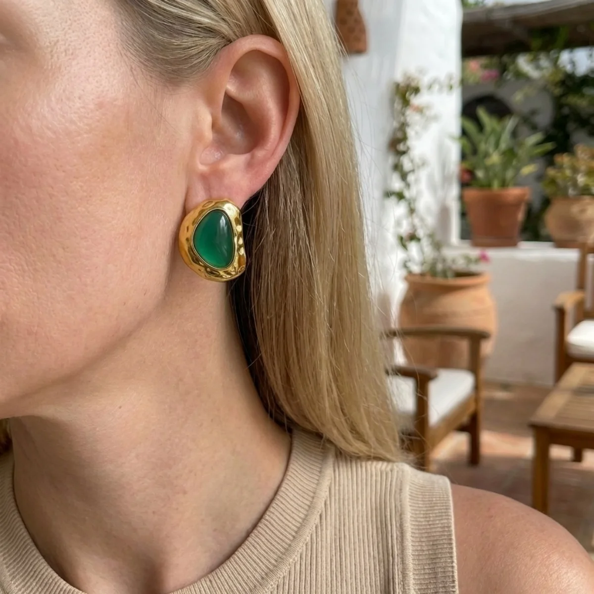 Vintage-Ohrstecker aus Edelstahl mit grünem Harz, unregelmäßig geformt, für Damen und Herren, minimalistischer, strukturierter, geometrischer Ohrring, eleganter Schmuck – Detail 5