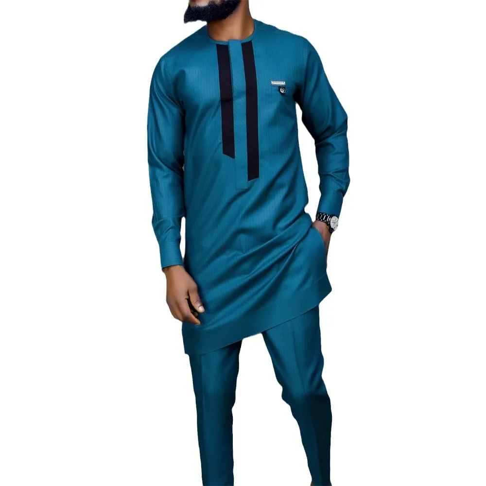Vêtements africains pour hommes, ensembles assortis, manches longues, col rond, haut noir, pantalon, Dashiki, vêtements africains, printemps,