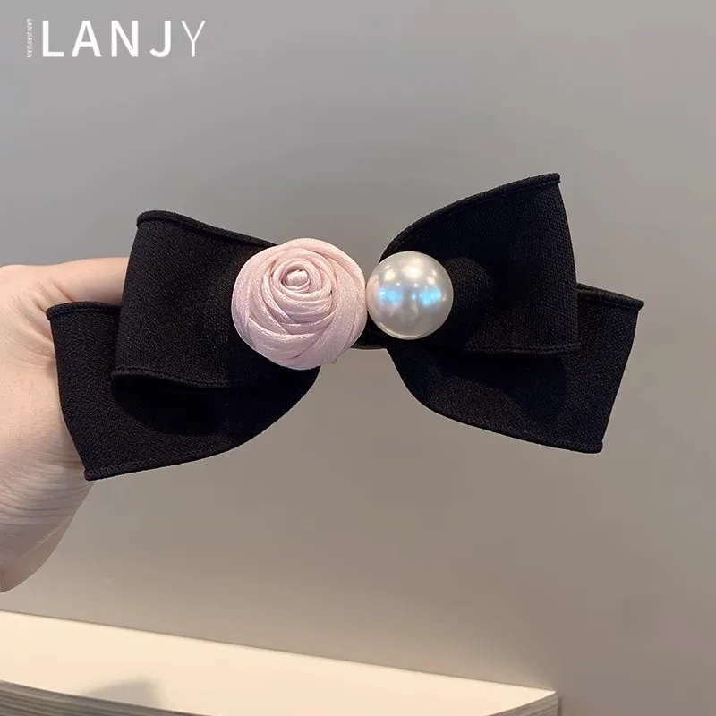 1pc Pink 3D Rose Bow Spring Hair Clip Side Back of Head Horizontal Clasp for Women Sweet Versatile Daily Non Slip