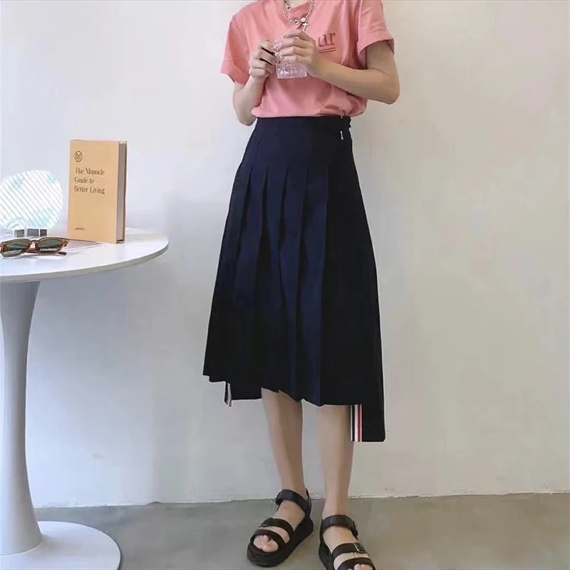 Women's TB Pleated Skirt, Preppy Style, Split, Mid-calf, Female Empire, Blue, JK, Student Uniform, Fashion Brand