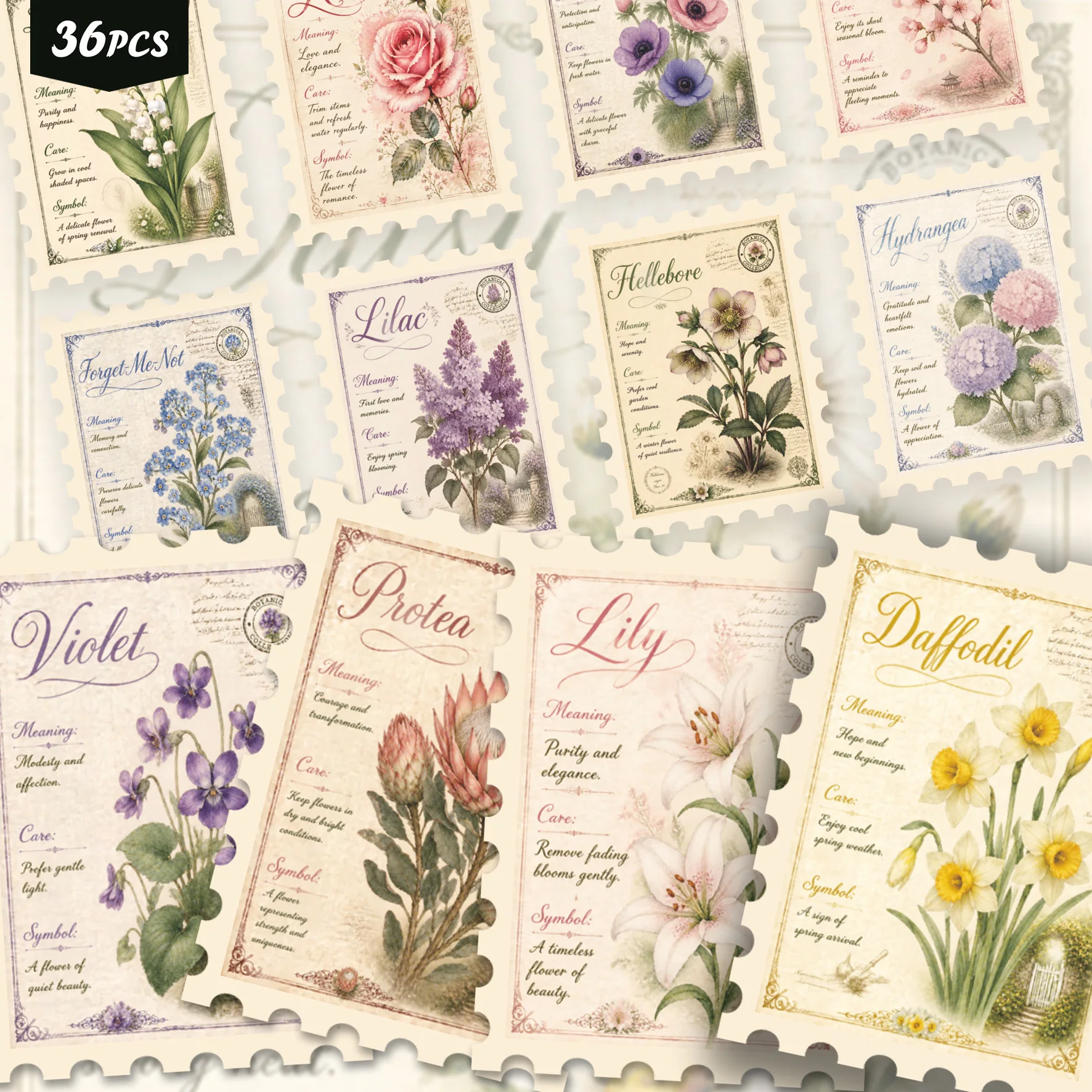 36PCS Retro Botanical Decorative Sticker Set, assorted vintage flower illustrations, gentle nostalgic vibe, perfect for journals