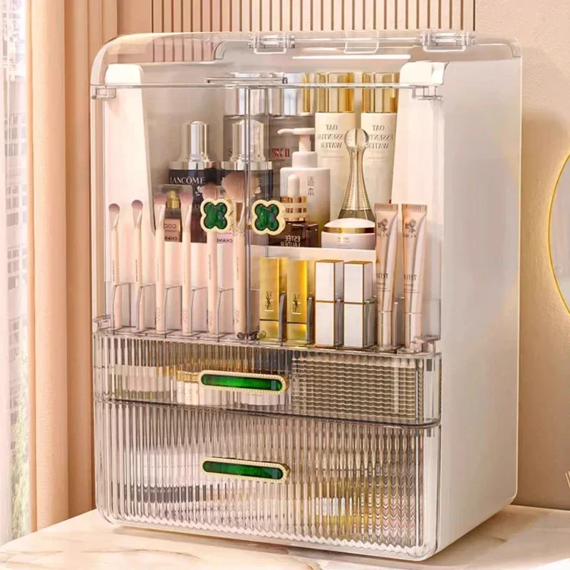 

Plastic Makeup Organizer Dust-Proof Lid Storage Cabinet for Cosmetics Modern Desktop Display Case Bathroom Countertop Decor