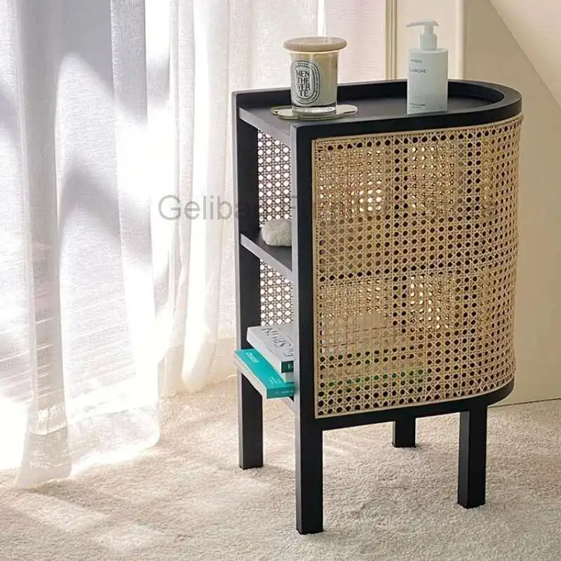 

Nightstands Vintage Bedside Table Rattan Wood Tea Coffee Bedside Table Nightstands Shelves Muebles Bedroom Furniture YY50BT