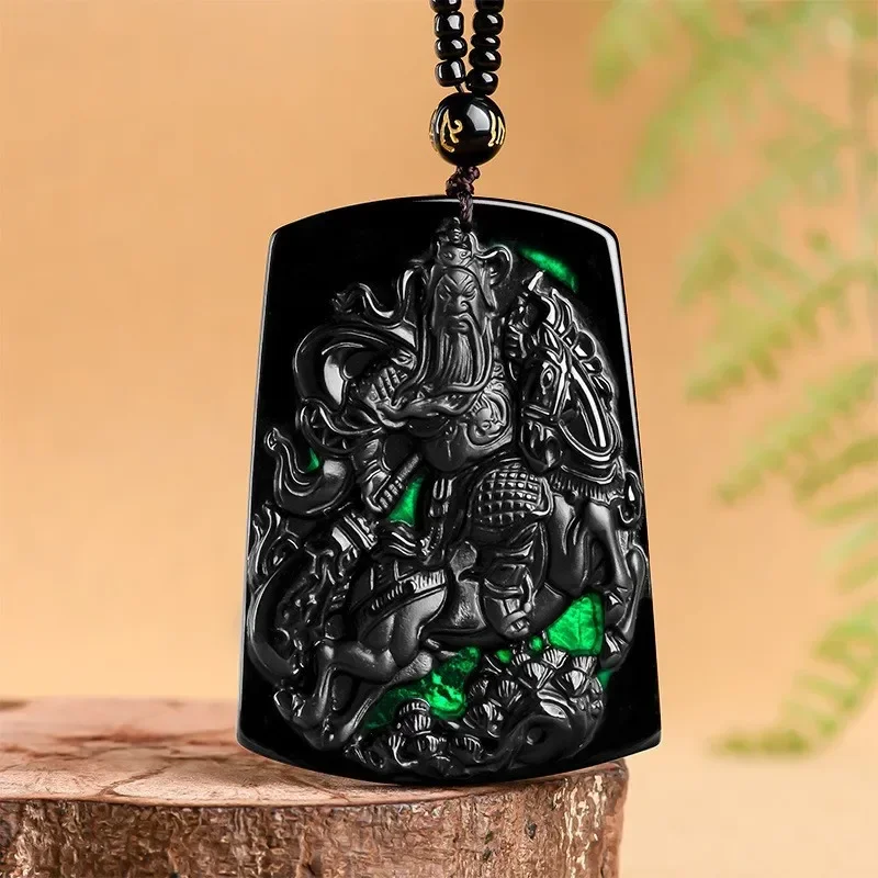 Natural A-grade Jade Pendant, Ink Jade Ice Type Handcarved Guan Gong Men's and Women's Jewelry Exorcism Prayer Blessing Gifts