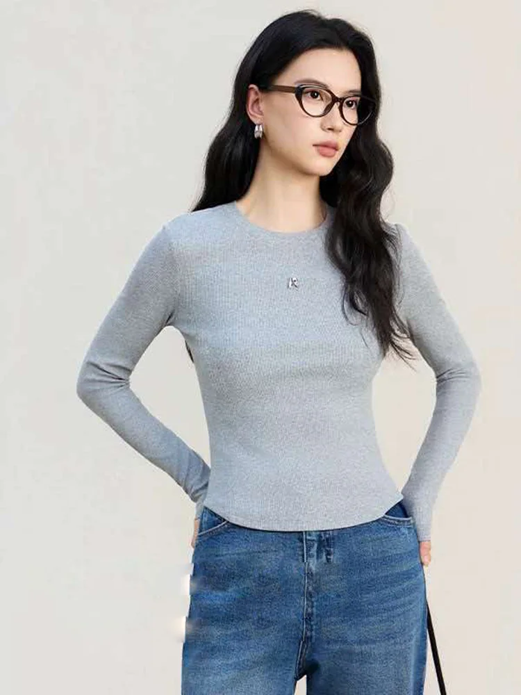 Spring Women Letter Short T-Shirt, Slim Waist,Combed Cotton Long-Sleeve Stretch Ribbed Tops
