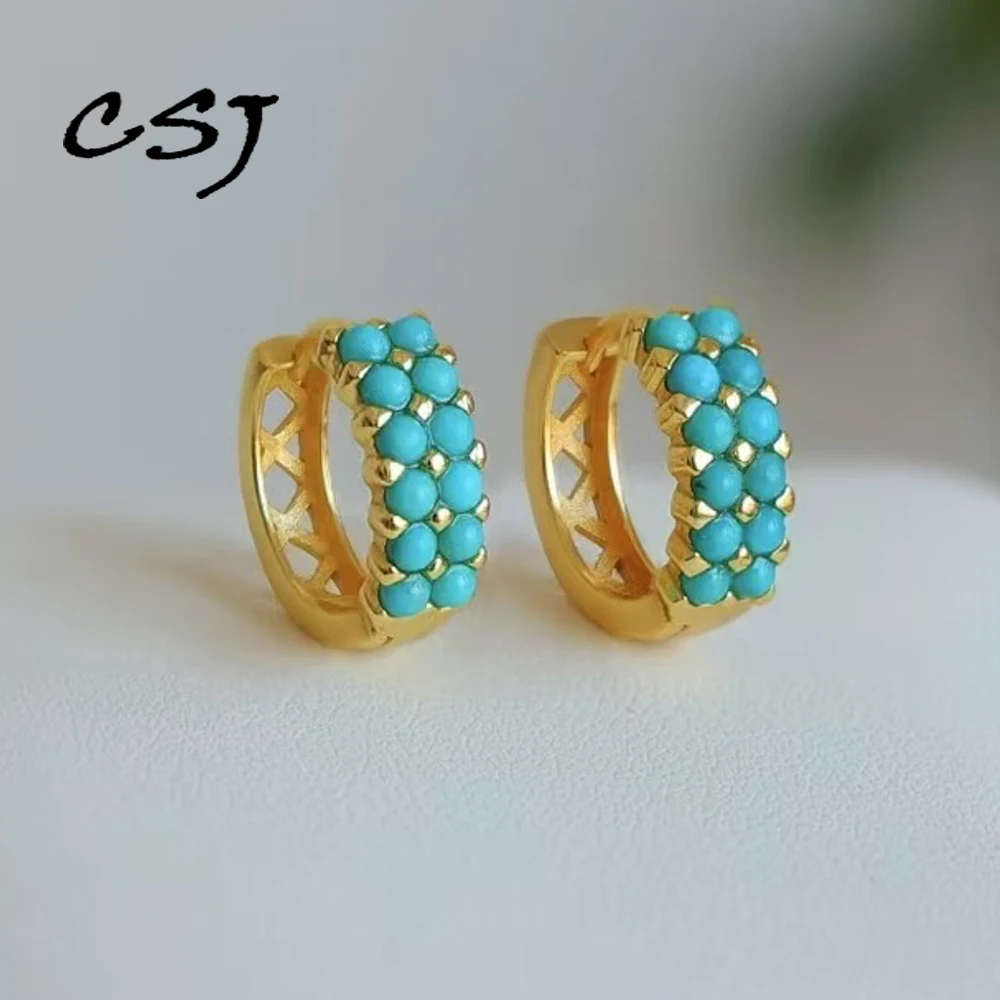 

Genuine Natural Turquoise Earrings Sterling 925 Silver 18K Yellow Gold for Women Party Birthday Christmas Jewelry Gift