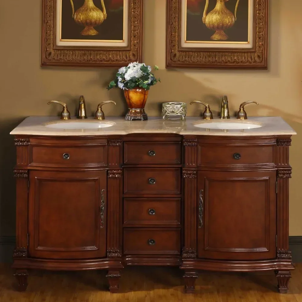 Travertine Stone Top Double Sink Bathroom Vanity with Cabinet, 60