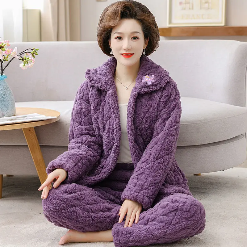 Pajamas Women in Autumn Winter Coral Fleece Three-layer Cotton Flange Thickened Home Wear Middle-aged Elderly People Warm Set