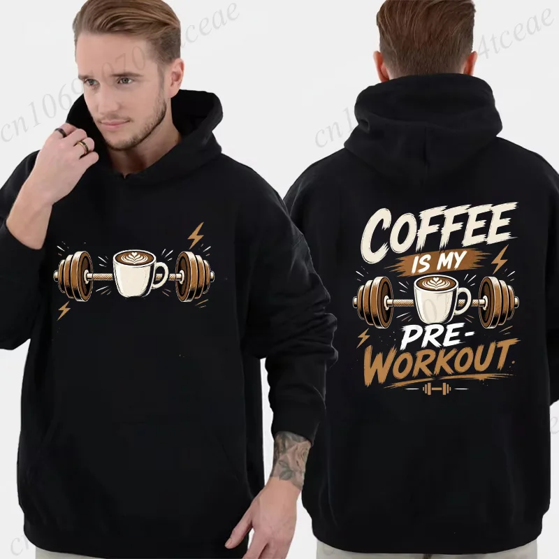 Moletom Masculino com Capuz Estampa Café é Meu Pré-Treino, Blusão de Moletom com Capuz de Lã Manga Longa, Tops para Academia, Fitness, Casual, Agasalh