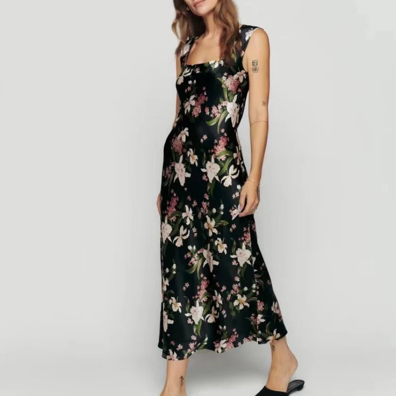 

100% Silk Women Vintage Flower Print Midi sling Dress