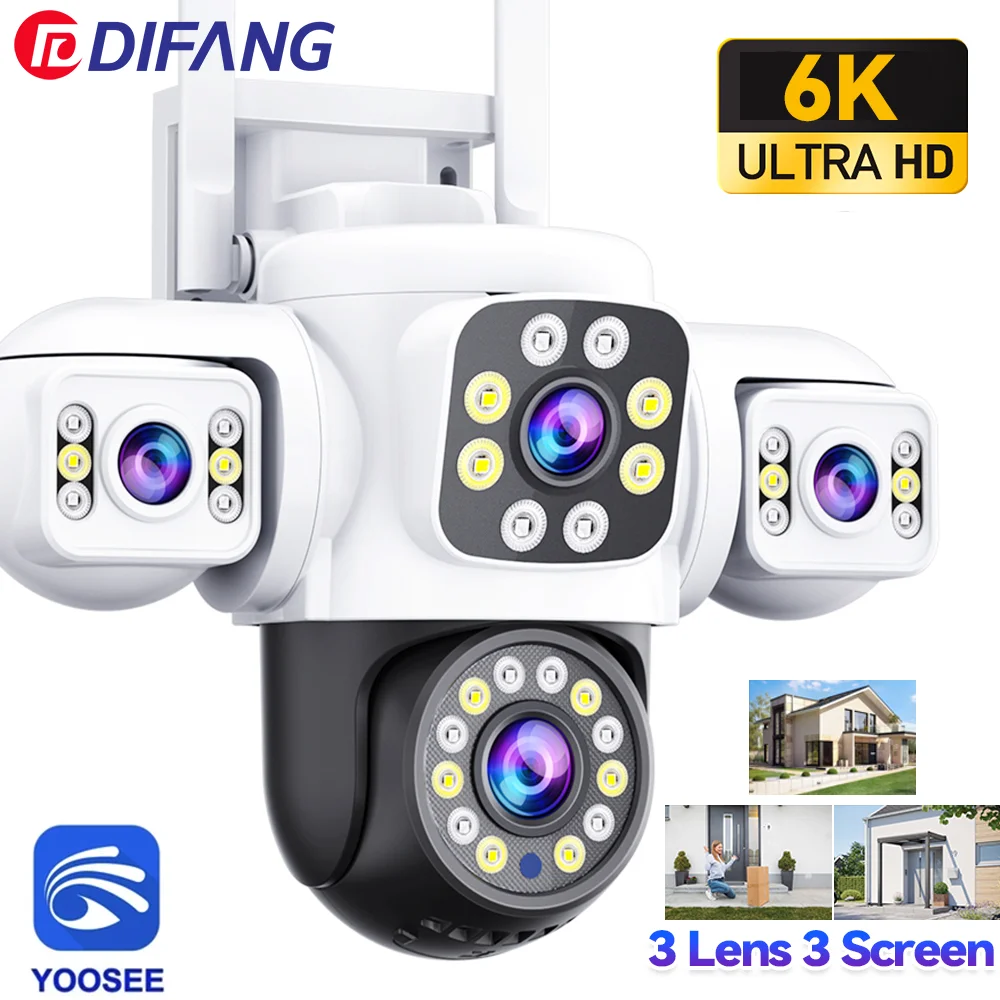 6K UHD WiFi Camera Three Lens Three Screen Video Surveillance PTZ Auto Tracking 12MP  Yoosee Wireless CCTV Security Camera