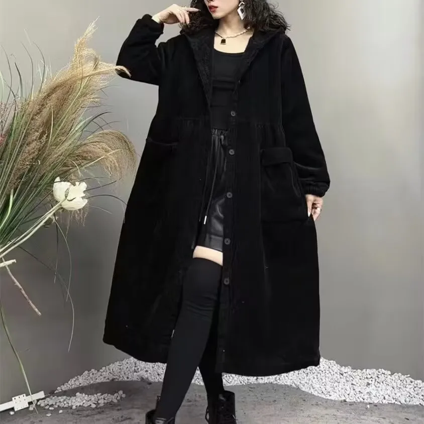 2026 Autumn and Winter Thick Coat Fashion Large Brown Windbreaker Big Pocket Women\'s Loose Versatile Corduroy Hooded Coat 6XL