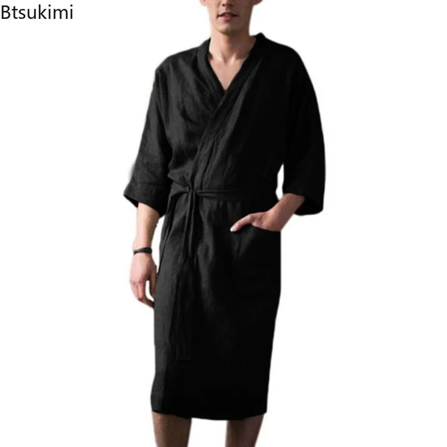 2026 Spring Autumn Men's Nightgown Cotton and Linen Robes Kimono Medium and Long Nightgown Homewear Bath Steamed Clothes Male