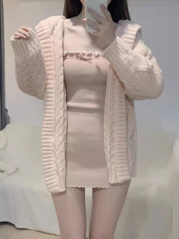 2023 Winter Pink Kawaii Knitted Dress Set Sexy Bodycon Suit Casual Long Sweater Cardigan + Slim Y2k Mini Skirt Woman Korean Chic