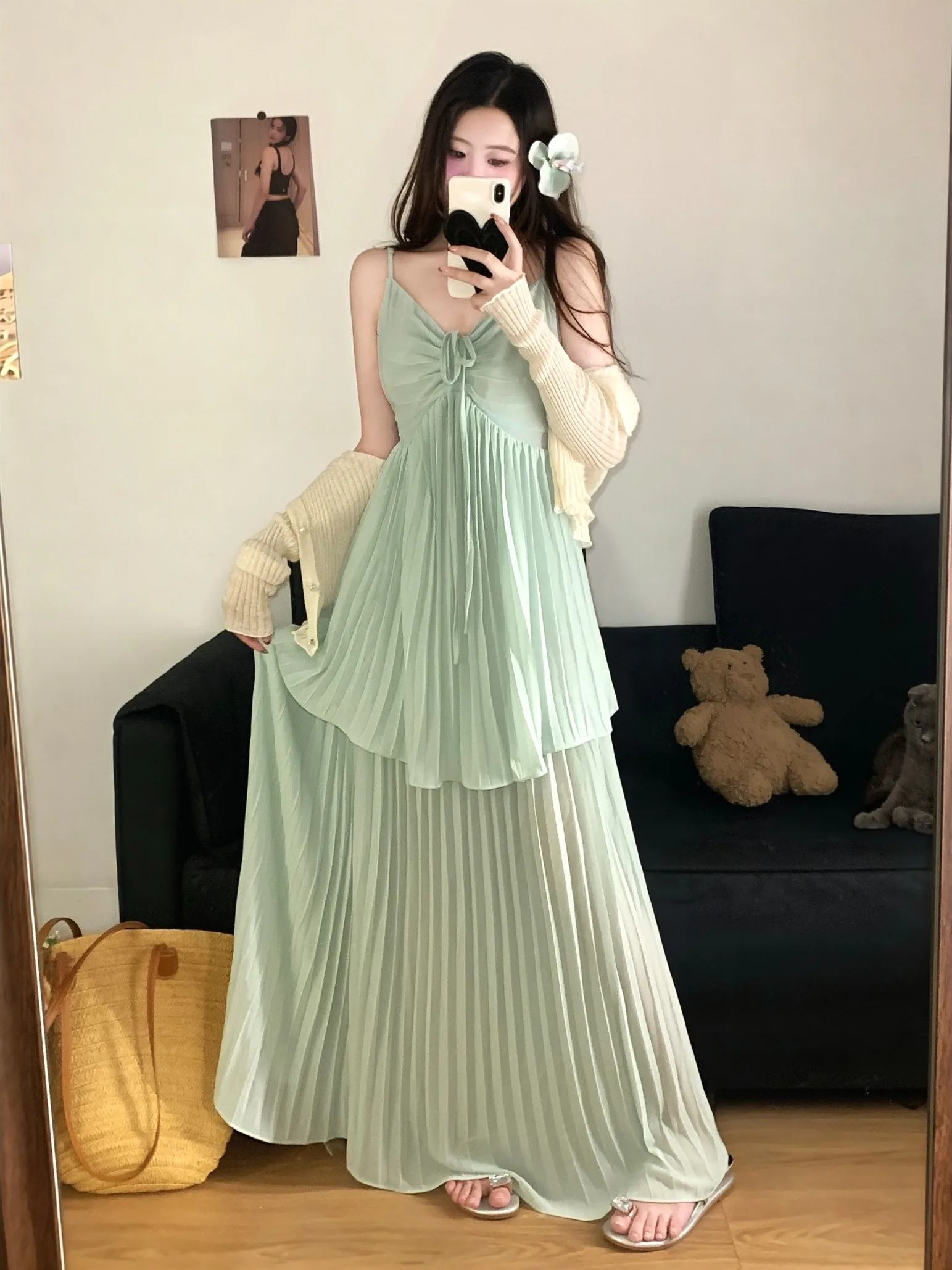 

plus Size Women's Summer Vacation V-Neck Strap Dress Slim Fit Thin Cardigan Top Korean Style Loose Fit Long Skirt