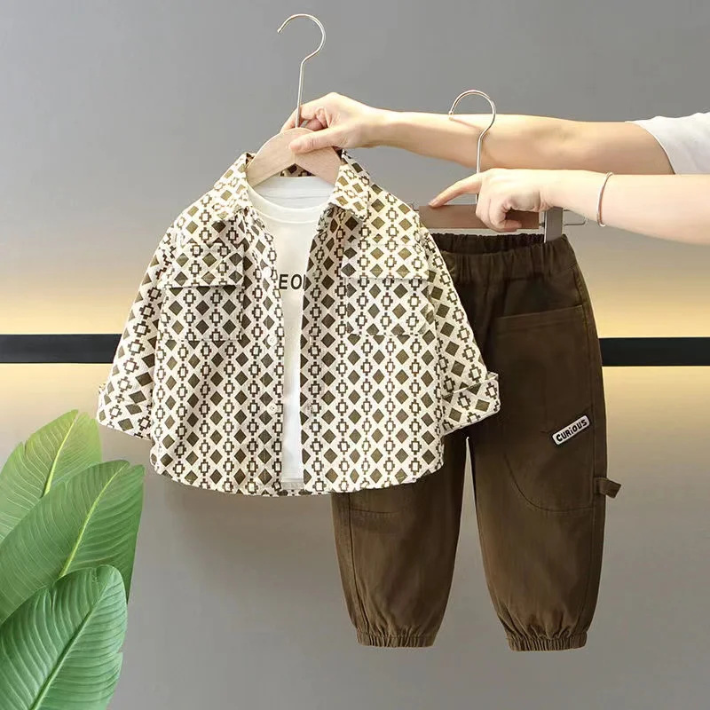 Boys' Autumn Set 2024 New Cool and Handsome Children's Spring and Autumn Fashion Baby Shirt Work Pants 3-Piece Set Trendy