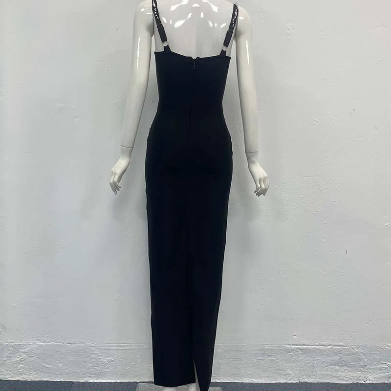 Vestido de noche Bandage de fiesta de cóctel de celebridades sexy a la moda con cuentas elegantes negras de alta calidad para mujer