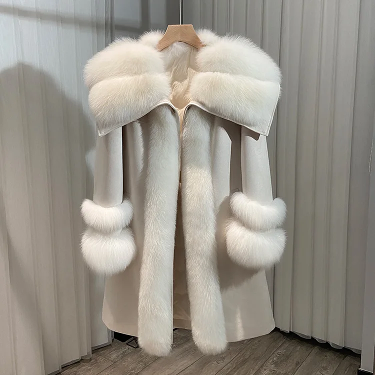 2023 Autumn and Winter New Fox Fur Haining Fur Luxury White Goose down down Jacket Mid-Length Coat Women's Coat