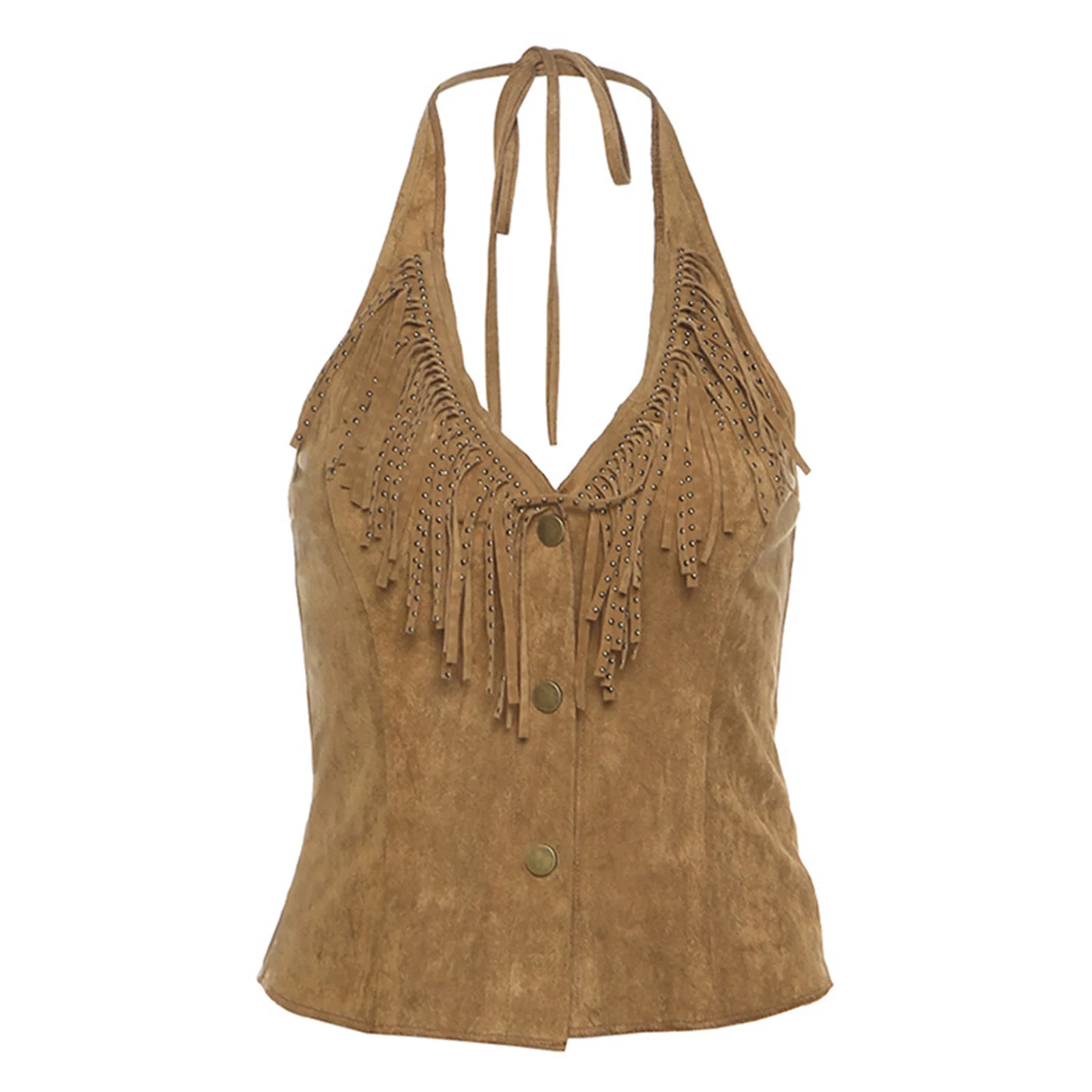 

Women Cowgirl Tassel Tank Top Lace-up Halter V Neck with Fringe Cropped Vest Cami Blouse for Club Jazz Music Festivals Costumes