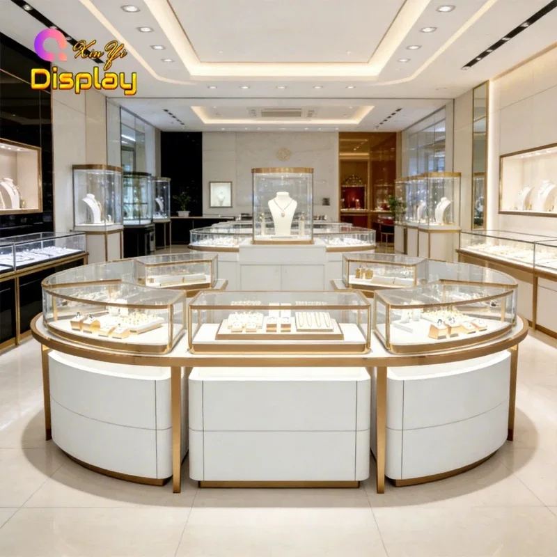 custom.Luxury Stainless Steel Curved Eco-Friendly Heavy Duty Customizable Jewelry Display Counter Modern S-Shape Showcase L