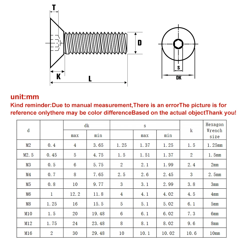 5-50pcs 304 Stainless Steel Hexagon Hex Socket Countersunk Flat Head Screw M1.6M2M2.5M3M4M5M6M8M10 Hex Bolt Allen Thread Screws