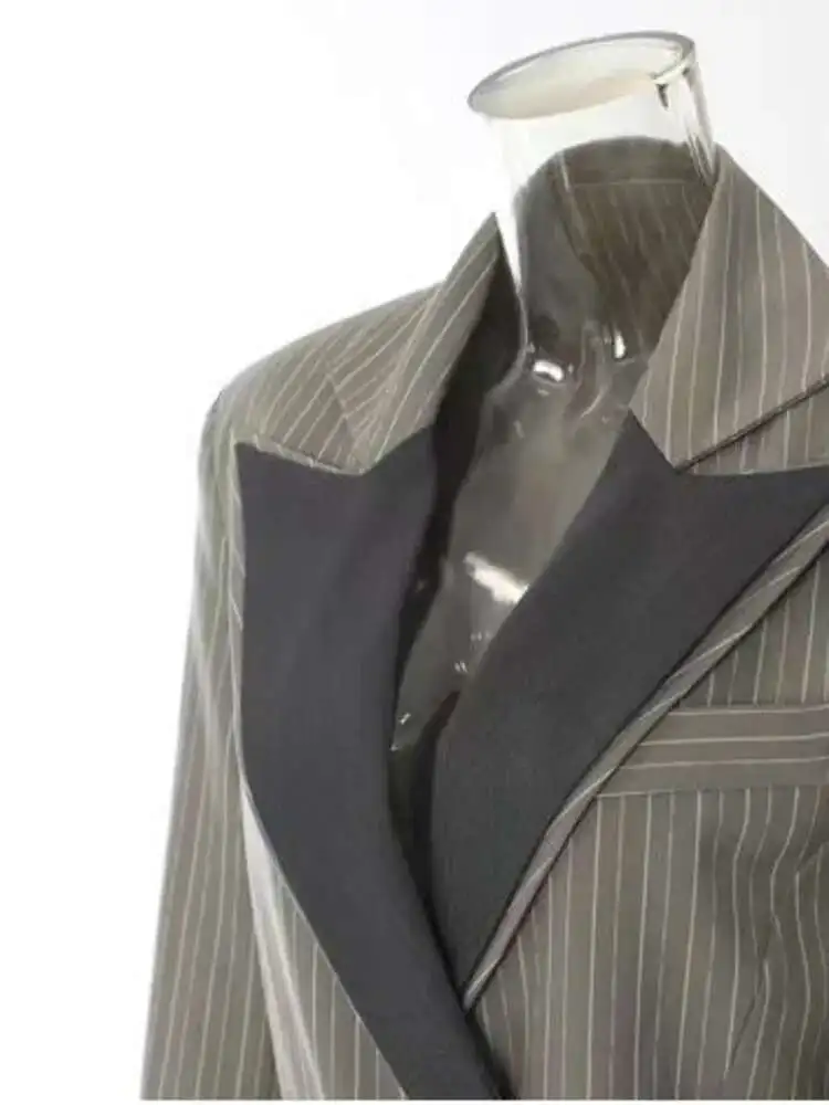 BJTZ 여성용 옷깃 정장 슬림 피트 패션 스트레이트 코트 스트라이프 패치 워크 포켓 디자인 자켓 2025 봄, 가을 새로운 스타일