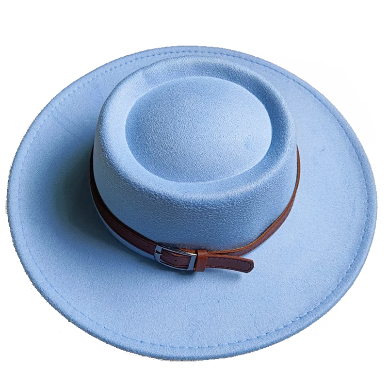 Light Blue Fedora Bump Flat Top 27 Colors Fedora Men Women Panama Top Hat Fedora Belt Big Brim Hat Church Hat Party Hat