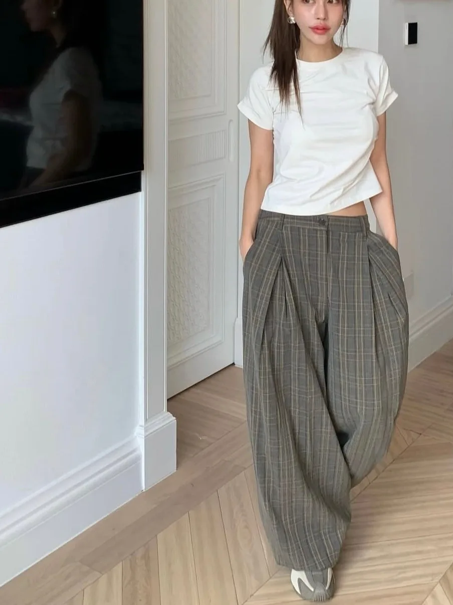 New High Waist Plaid Loose Casual Pants Women Long Pants Lazy Sle Versatile Slimming Design Wide Leg Pants