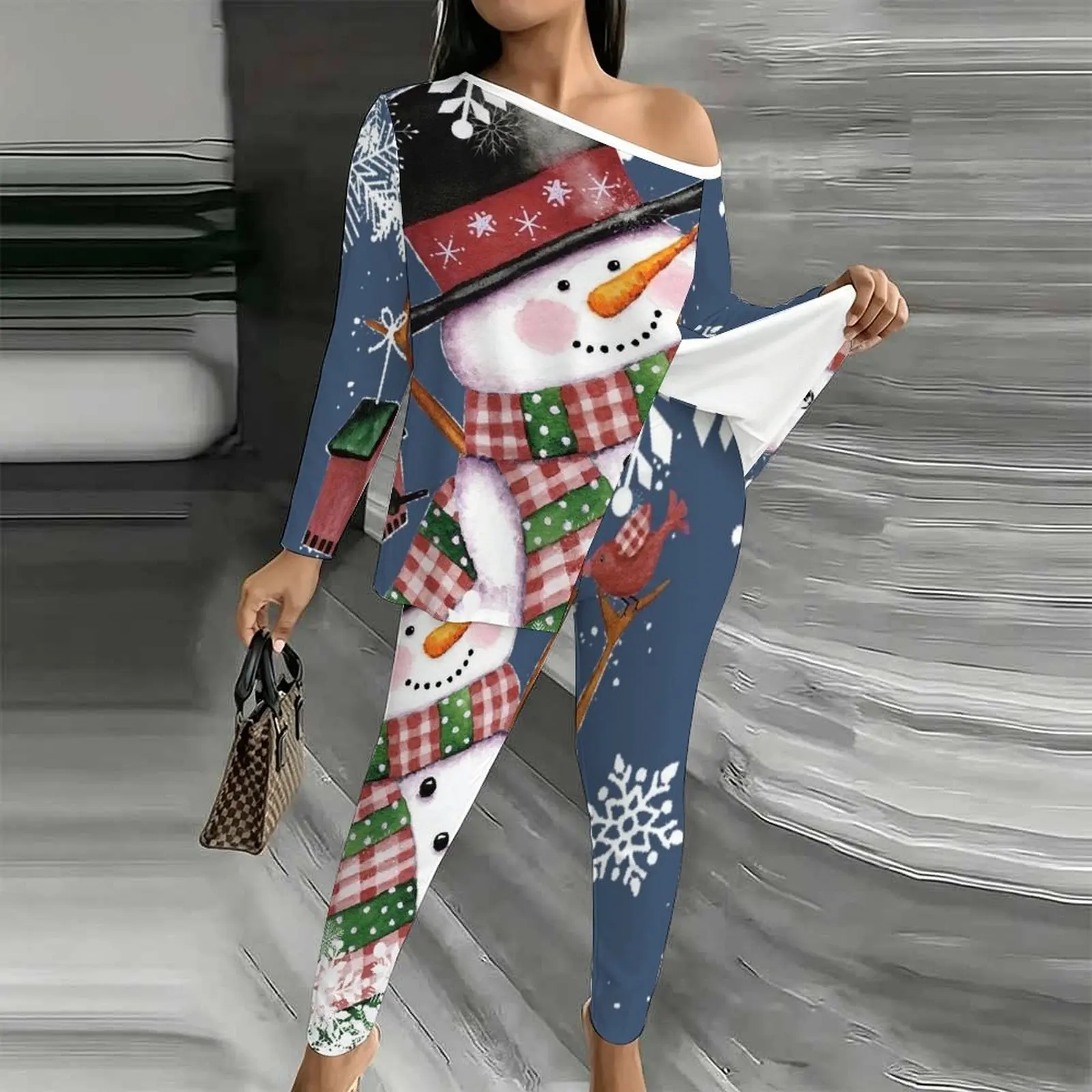 2pcs Winter Women's Diagonal Collar Long Sleeved Off Shoulder T-shirt Christmas Jogging Pants  Autumn Printed Two-piece Set