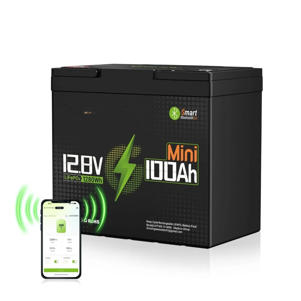 

12В 100Ач мини-аккумулятор LiFePO4 с Bluetooth, 12В литиевая батарея со встроенной BMS 100А, поддержка мониторинга в реальном времени, возможность индивидуальной настройки