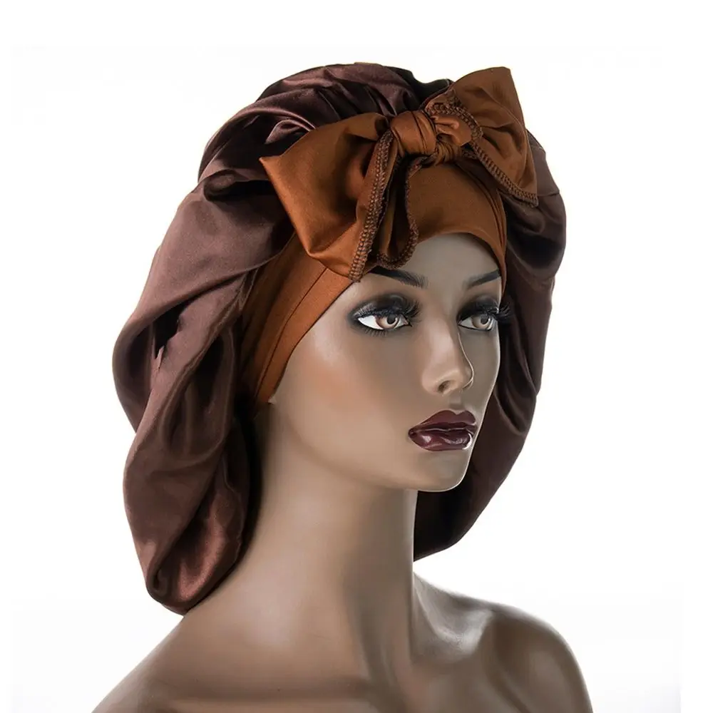 New Solid color Large Satin Bonnet With Head Tie Band Edge Wrap Sleep Hat Hair Care Head Wrap Scarf for Women