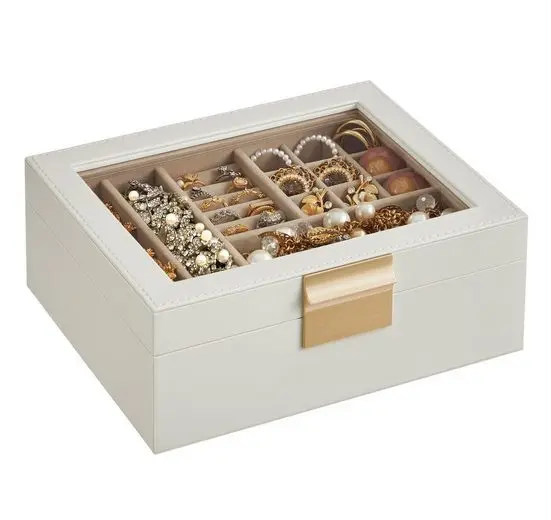 SONGMICS jewelry box with glass lid jewelry box 2 levels jewelry tray removable