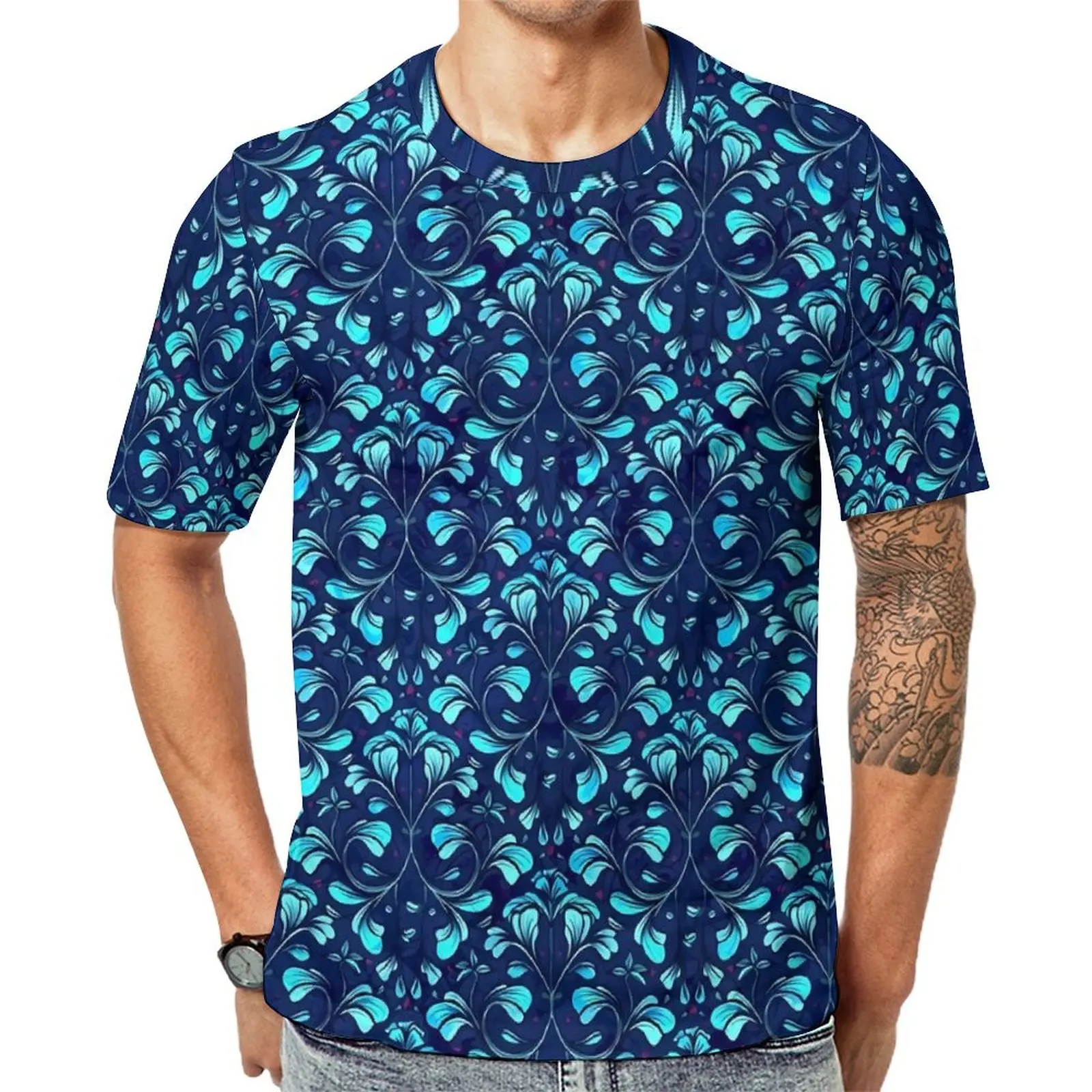 Plus Size T Shirt Original Baroque Brocade T Shirts Blue Floral Kawaii Round Neck Tee Shirt Men Hip Hop Graphic Tees