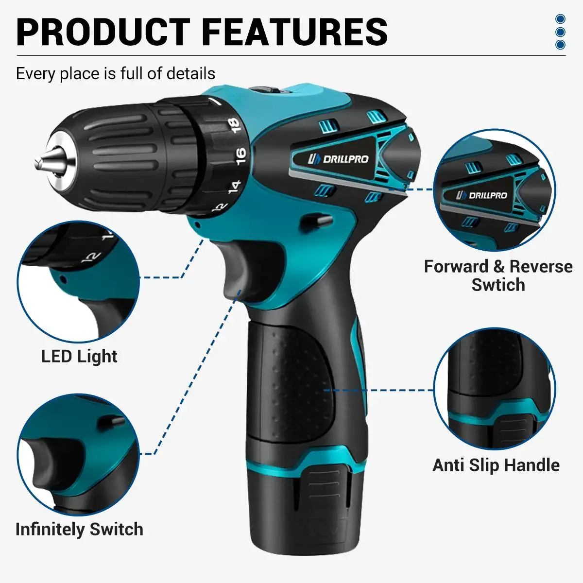 Drill pro 12mm 18 1 Drehmoment elektrische Schlag bohrmaschine Akku-Schrauben dreher mit Lithium-Batterie drahtlose Hand bohrmaschine DIY Elektro werkzeug