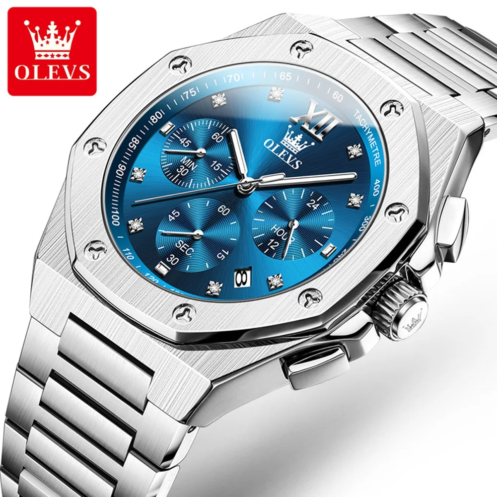 

OLEVS Men's Watches Fashion Silver Blue Quartz Watch Man Waterproof Luminous Date Stainless Steel Wristwatch Male Reloj Hombre