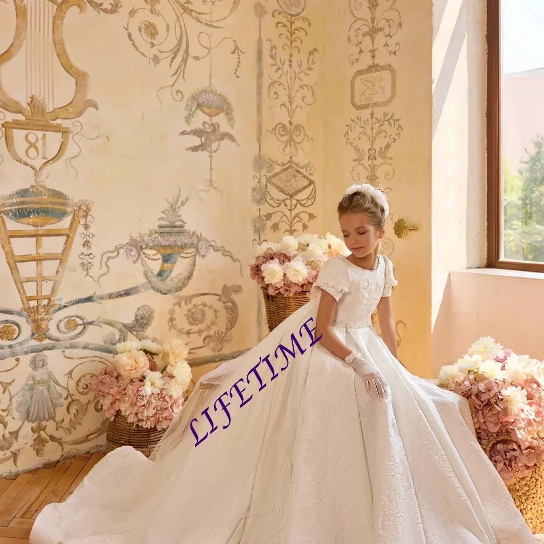 فساتين فتاة الزهور الفاخرة من الدانتيل لحفلات الزفاف مطرز بالزهور، فساتين حفلات أعياد الميلاد للفتيات الصغيرات